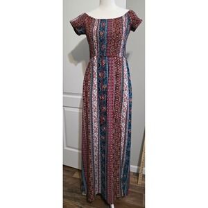 Band of Gypsies Maxi Dress Women M Multicolor Boho Off-Shoulder Smocked Pockets